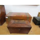 TEA POY AND WRITING BOX, 19th century mahogany veneered brass bound writing box 17.5' width (lacks