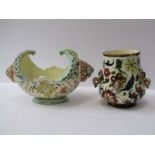 ZSOLNAY, turquoise enamelled rim scroll edged flower basket (edge cracked), also 4.5" similar vase
