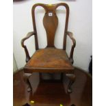 EARLY GEORGIAN DESIGN CHILD'S OPEN ARMCHAIR, mahogany splat back with drop-in seat and cabriole