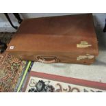 VINTAGE LUGGAGE, a quality pig skin suitcase with original canvas cover, 26" width