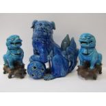 ORIENTAL CERAMICS, pair of turquoise glazed seated Temple Dogs on hardwood stands, 6"; also
