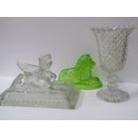 VICTORIAN PRESSED GLASS, a green glass Lion and a Sphinx centrepieces, together with pressed glass