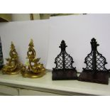 ANTIQUE BRACKET SHELVES, pair of fretwork bracket shelves, together with pair of carved gilt