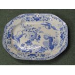 BLUE TRANSFER WARE, early 19th Century Hicks & Meigh octagonal 21" meat plate "Crane" pattern