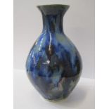 STUDIO POTTERY, Jane Yates blue slip glaze 11" baluster vase, signed base dated 2016