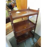 VICTORIAN MAHOGANY WHATNOT, 3 tier whatnot with central shelf drawer, baluster pillar support, 23"