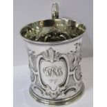 VICTORIAN SILVER CHRISTENING MUG, attractive floral embossed waisted body, possibly London 1857, 142