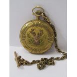 14ct MULTI COLOURED GOLD POCKET WATCH, floral pattern to front, stag's head to rear in yellow, green