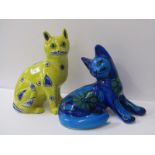 BITOSSI, 1960s blue glazed floral Cat, 7" height; together with Galle-style yellow glazed seated Cat