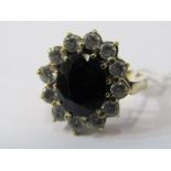 PRINCESS DIANA STYLE BLUE & WHITE STONE CLUSTER RING, set in 9ct yellow gold, size R