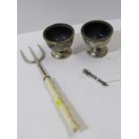 PAIR OF SILVER CIRCULAR BASED SALTS, also ivory handled silver bladed meat fork and fob mounted