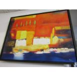 AKIS, signed painting on canvas "The Harbour", 30" x 40"