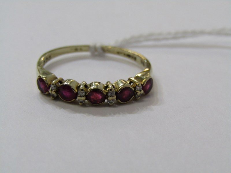 9ct YELLOW GOLD EMERALD & DIAMOND HALF ETERNITY STYLE RING, 5 round brilliant cut rubies each