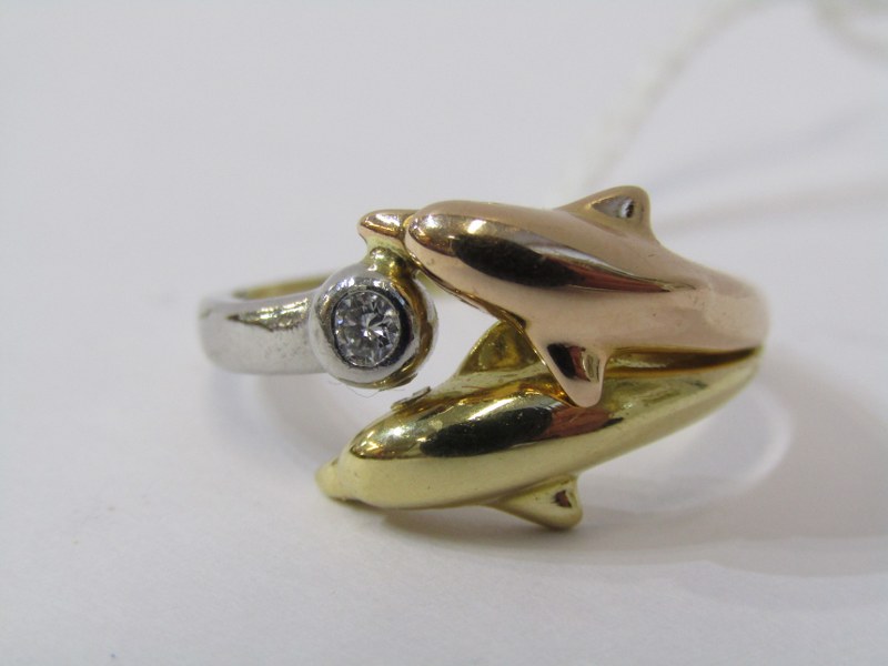 UNUSUAL 3 TONE ROSE, YELLOW & WHITE GOLD DIAMOND SET DOLPHIN RING, 2 leaping dolphins, 1 in yellow 1