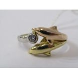 UNUSUAL 3 TONE ROSE, YELLOW & WHITE GOLD DIAMOND SET DOLPHIN RING, 2 leaping dolphins, 1 in yellow 1