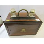 VICTORIAN PATENT STATIONARY BOX, inlaid mahogany top with 2 cut glass ink wells with turn table
