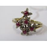 9ct YELLOW GOLD RUBY & DIAMOND CLUSTER RING, unusual floral bouquet design ruby and diamond cluster,