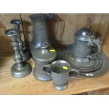PEWTER, collection of antique pewter to include 3 graduated plates, tappit hen, tobacco jar, pair of