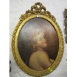 PORTRAIT, oval and gilt framed oil on canvas "Portrait of Young Girl with rose garland", 19" x 15"