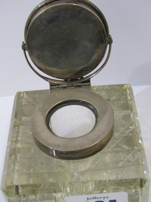 WATCH LIDDED CUT GLASS INK WELL, a novel silver mounted cut glass ink well with inset watch lid, - Image 7 of 10