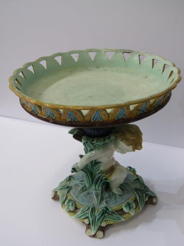 WEDGWOOD MAJOLICA, putti support base comport, 8.5" height (crude repaired rim) - Image 3 of 14
