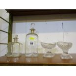 PERIOD GLASSWARE, 2 Georgian gilt detailed square base decanters, together with pair of Georgian