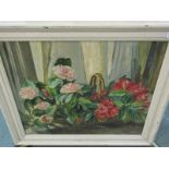 MARGARET MOSTYN, signed oil on board "Basket of Peony Blossoms", 20" x 24"