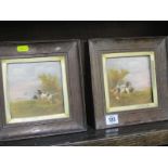 CROWN DEVON TILES, pair of oak framed square tiles "Sporting Dogs" signed Hinton, 4.5" square