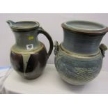 STUDIO POTTERY, 12" stoneware jug signed "RC", together with similar blue scratchwork design 13"