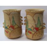 ART DECO, pair of Crown Devon handled 8" vases, "Orange Roof Cottage landscape" pattern no M233