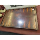 ANTIQUE GAMES BOARD, rosewood inlaid double sided games board, 30" x 18"