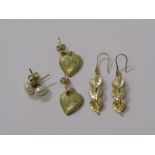 3 PAIRS OF 9ct YELLOW GOLD EARRINGS, 1 pair heart design, 1 pair leaf design, 1 pair of baroque