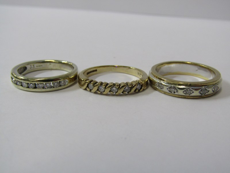 3, DIAMOND SET GOLD ETERNITY STYLE RINGS, size L/M/N