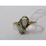 9ct YELLOW GOLD 2 STONE AUSTRALIAN OPAL BYPASS RING, unusual design 2 cabochon pear cut opals of