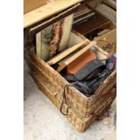 Two wicker hampers containing miscellaneous collectables to include binoculars etc.