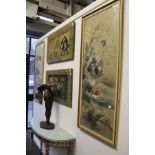 Chinese school, paintings on silk depicting birds amongst prunus trees, flowering cherries, by a