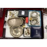 A quantity of costume jewellery and two small silver dishes.