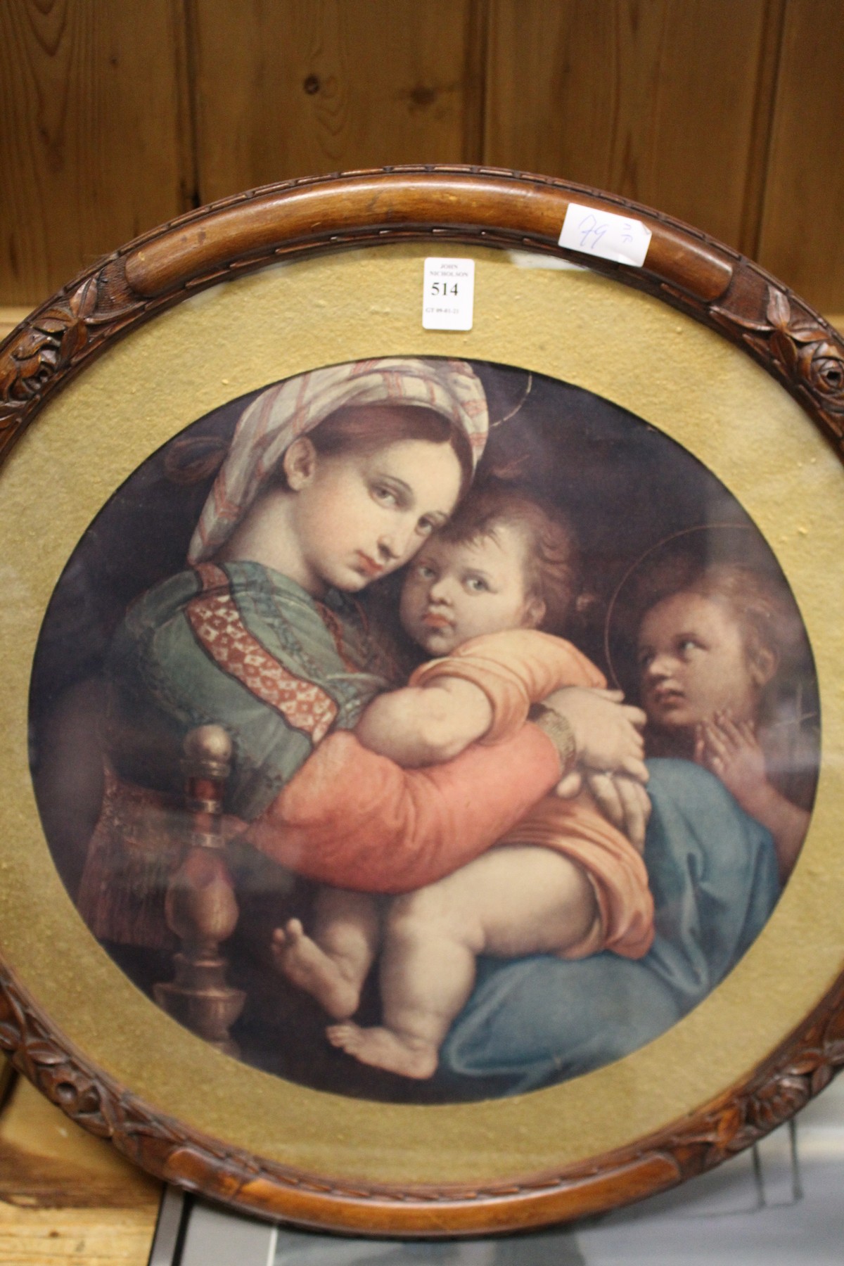 A religious scene, colour print, framed circular.