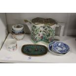 A Chinese Famille Rose lozenge shaped teapot and various other oriental wares.