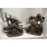 A large pair of spelter groups depicting huntsmen on horseback.