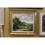 'Farmyard Scene with Chickens' oil on canvas, decoratively framed.