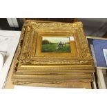 Three decorative paintings with ornate gilt frames.