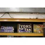 An old Lyon's tea enamel sign, a Colman's Starch sign and Vim cleaner printed metal sign.