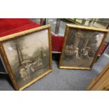 A pair of Regency scenes with figures, colour prints, in decorative gilt frames.