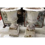 A pair of painted cast iron garden urns on pedestal bases.