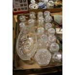 A good cut glass oval shaped bowl, a hexagonal box and cover, a whisky decanter and a quantity of