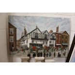 Jan Wasilewski 'Street Scene with a Carnival Procession' oil on canvas, unframed.