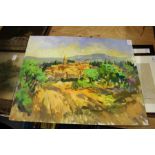 Impressionist school 'French Landscape with Buildings in the Distance' oil on board, unframed.
