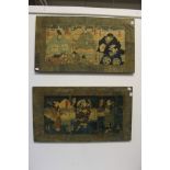 Six Japanese woodblock prints, laid onto board, mounted as a set of two.