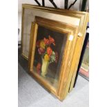 A good small collection of paintings and prints to include a still life of flowers in a vase, oil on